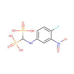 O=[N+]([O-])c1cc(NC(P(=O)(O)O)P(=O)(O)O)ccc1F ZINC000096286204