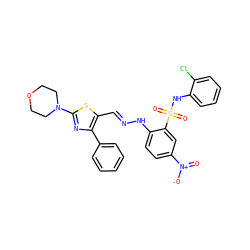 O=[N+]([O-])c1ccc(N/N=C/c2sc(N3CCOCC3)nc2-c2ccccc2)c(S(=O)(=O)Nc2ccccc2Cl)c1 ZINC000017576557