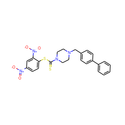 O=[N+]([O-])c1ccc(SC(=S)N2CCN(Cc3ccc(-c4ccccc4)cc3)CC2)c([N+](=O)[O-])c1 ZINC000095576133