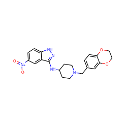 O=[N+]([O-])c1ccc2[nH]nc(NC3CCN(Cc4ccc5c(c4)OCCO5)CC3)c2c1 ZINC000028529563
