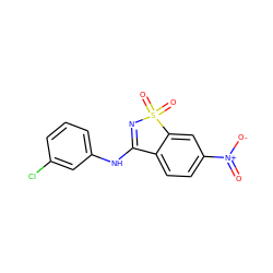 O=[N+]([O-])c1ccc2c(c1)S(=O)(=O)N=C2Nc1cccc(Cl)c1 ZINC000004372951