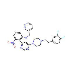 O=[N+]([O-])c1cccc2c1c1ncnc(N3CCN(CCc4ccc(F)c(F)c4)CC3)c1n2Cc1cccnc1 ZINC000028766346