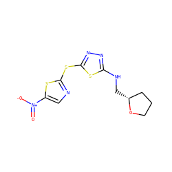 O=[N+]([O-])c1cnc(Sc2nnc(NC[C@@H]3CCCO3)s2)s1 ZINC000045369149