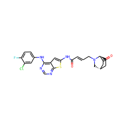 O=C(/C=C/CN1C[C@H]2CC[C@H]1C(=O)C2)Nc1cc2c(Nc3ccc(F)c(Cl)c3)ncnc2s1 ZINC000261181091
