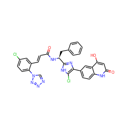 O=C(/C=C/c1cc(Cl)ccc1-n1cnnn1)N[C@@H](Cc1ccccc1)c1nc(-c2ccc3[nH]c(=O)cc(O)c3c2)c(Cl)[nH]1 ZINC000115471163