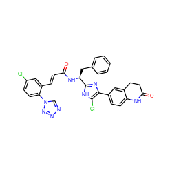 O=C(/C=C/c1cc(Cl)ccc1-n1cnnn1)N[C@@H](Cc1ccccc1)c1nc(-c2ccc3c(c2)CCC(=O)N3)c(Cl)[nH]1 ZINC000115473232