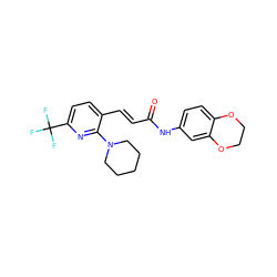 O=C(/C=C/c1ccc(C(F)(F)F)nc1N1CCCCC1)Nc1ccc2c(c1)OCCO2 ZINC000013606949