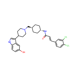 O=C(/C=C/c1ccc(Cl)c(Cl)c1)N[C@H]1CC[C@H](CN2CCC(c3c[nH]c4ccc(O)cc34)CC2)CC1 ZINC000101134431