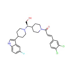 O=C(/C=C/c1ccc(Cl)c(Cl)c1)N1CCC([C@H](CO)N2CCC(c3c[nH]c4ccc(F)cc34)CC2)CC1 ZINC000029045121