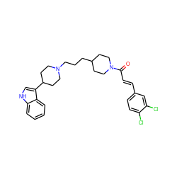 O=C(/C=C/c1ccc(Cl)c(Cl)c1)N1CCC(CCCN2CCC(c3c[nH]c4ccccc34)CC2)CC1 ZINC000045188998