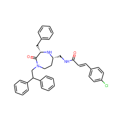 O=C(/C=C/c1ccc(Cl)cc1)NC[C@@H]1CCN(CC(c2ccccc2)c2ccccc2)C(=O)[C@H](Cc2ccccc2)N1 ZINC000139908959