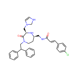 O=C(/C=C/c1ccc(Cl)cc1)NC[C@H]1CCN(CC(c2ccccc2)c2ccccc2)C(=O)[C@@H](CN2C=CNC2)N1 ZINC001772632473