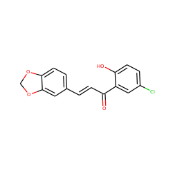 O=C(/C=C/c1ccc2c(c1)OCO2)c1cc(Cl)ccc1O ZINC000016939611