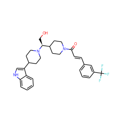 O=C(/C=C/c1cccc(C(F)(F)F)c1)N1CCC([C@H](CO)N2CCC(c3c[nH]c4ccccc34)CC2)CC1 ZINC000029045590