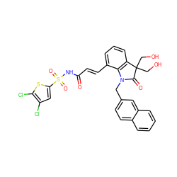 O=C(/C=C/c1cccc2c1N(Cc1ccc3ccccc3c1)C(=O)C2(CO)CO)NS(=O)(=O)c1cc(Cl)c(Cl)s1 ZINC000049780750