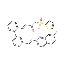 O=C(/C=C/c1ccccc1-c1cccc(/C=C/c2ccc3ccc(Cl)cc3n2)c1)NS(=O)(=O)c1cccs1 ZINC000026576286