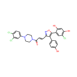 O=C(/C=C/c1noc(-c2cc(Cl)c(O)cc2O)c1-c1ccc(O)cc1)N1CCN(c2ccc(Cl)c(Cl)c2)CC1 ZINC000299827389