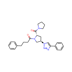 O=C([C@@H]1C[C@@H](n2cc(-c3ccccc3)nn2)CN1C(=O)CCCc1ccccc1)N1CCCC1 ZINC000095579648