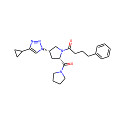 O=C([C@@H]1C[C@H](n2cc(C3CC3)nn2)CN1C(=O)CCCc1ccccc1)N1CCCC1 ZINC000095575642