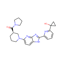 O=C([C@@H]1CCCN(c2ccc3[nH]c(-c4cccc(C5(O)CC5)n4)nc3n2)C1)N1CCCC1 ZINC000221404472