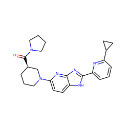 O=C([C@@H]1CCCN(c2ccc3[nH]c(-c4cccc(C5CC5)n4)nc3n2)C1)N1CCCC1 ZINC000221405880