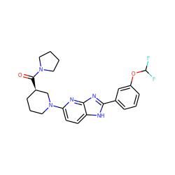 O=C([C@@H]1CCCN(c2ccc3[nH]c(-c4cccc(OC(F)F)c4)nc3n2)C1)N1CCCC1 ZINC000221403113