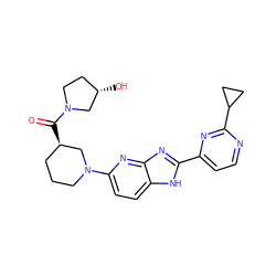 O=C([C@@H]1CCCN(c2ccc3[nH]c(-c4ccnc(C5CC5)n4)nc3n2)C1)N1CC[C@H](O)C1 ZINC000221410046