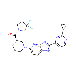 O=C([C@@H]1CCCN(c2ccc3[nH]c(-c4ccnc(C5CC5)n4)nc3n2)C1)N1CCC(F)(F)C1 ZINC000221403516