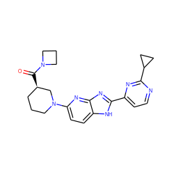 O=C([C@@H]1CCCN(c2ccc3[nH]c(-c4ccnc(C5CC5)n4)nc3n2)C1)N1CCC1 ZINC001772622561