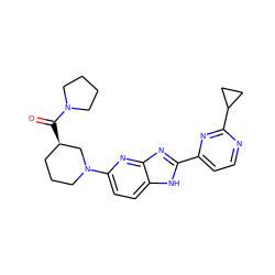 O=C([C@@H]1CCCN(c2ccc3[nH]c(-c4ccnc(C5CC5)n4)nc3n2)C1)N1CCCC1 ZINC000221409171