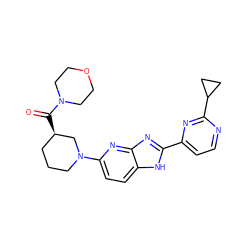 O=C([C@@H]1CCCN(c2ccc3[nH]c(-c4ccnc(C5CC5)n4)nc3n2)C1)N1CCOCC1 ZINC001772577195