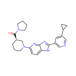 O=C([C@@H]1CCCN(c2ccc3[nH]c(-c4cncc(C5CC5)c4)nc3n2)C1)N1CCCC1 ZINC000221396715