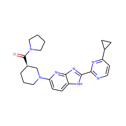 O=C([C@@H]1CCCN(c2ccc3[nH]c(-c4nccc(C5CC5)n4)nc3n2)C1)N1CCCC1 ZINC001772590465