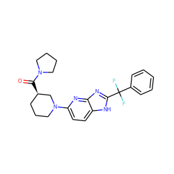 O=C([C@@H]1CCCN(c2ccc3[nH]c(C(F)(F)c4ccccc4)nc3n2)C1)N1CCCC1 ZINC000221258608