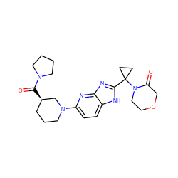 O=C([C@@H]1CCCN(c2ccc3[nH]c(C4(N5CCOCC5=O)CC4)nc3n2)C1)N1CCCC1 ZINC000221410130