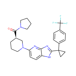 O=C([C@@H]1CCCN(c2ccc3[nH]c(C4(c5ccc(C(F)(F)F)cc5)CC4)nc3n2)C1)N1CCCC1 ZINC000221406145