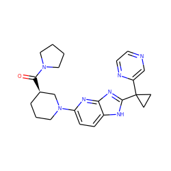 O=C([C@@H]1CCCN(c2ccc3[nH]c(C4(c5cnccn5)CC4)nc3n2)C1)N1CCCC1 ZINC000221411081