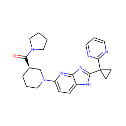 O=C([C@@H]1CCCN(c2ccc3[nH]c(C4(c5ncccn5)CC4)nc3n2)C1)N1CCCC1 ZINC000221408647