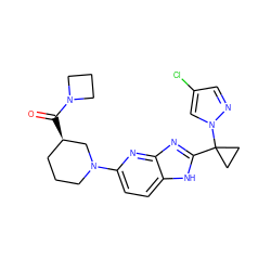 O=C([C@@H]1CCCN(c2ccc3[nH]c(C4(n5cc(Cl)cn5)CC4)nc3n2)C1)N1CCC1 ZINC000221407742