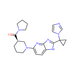 O=C([C@@H]1CCCN(c2ccc3[nH]c(C4(n5ccnc5)CC4)nc3n2)C1)N1CCCC1 ZINC000221255807