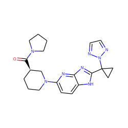 O=C([C@@H]1CCCN(c2ccc3[nH]c(C4(n5nccn5)CC4)nc3n2)C1)N1CCCC1 ZINC000221404173