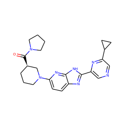 O=C([C@@H]1CCCN(c2ccc3nc(-c4cncc(C5CC5)n4)[nH]c3n2)C1)N1CCCC1 ZINC001772589392