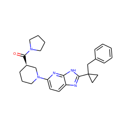 O=C([C@@H]1CCCN(c2ccc3nc(C4(Cc5ccccc5)CC4)[nH]c3n2)C1)N1CCCC1 ZINC001772633869