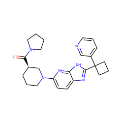 O=C([C@@H]1CCCN(c2ccc3nc(C4(c5cccnc5)CCC4)[nH]c3n2)C1)N1CCCC1 ZINC001772653655