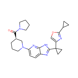 O=C([C@@H]1CCCN(c2ccc3nc(C4(c5coc(C6CC6)n5)CC4)[nH]c3n2)C1)N1CCCC1 ZINC001772636945