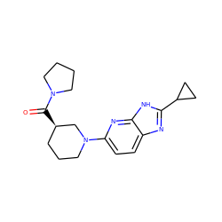 O=C([C@@H]1CCCN(c2ccc3nc(C4CC4)[nH]c3n2)C1)N1CCCC1 ZINC001772584809