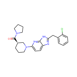 O=C([C@@H]1CCCN(c2ccc3nc(Cc4ccccc4Cl)[nH]c3n2)C1)N1CCCC1 ZINC001772613074