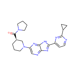 O=C([C@@H]1CCCN(c2cnc3nc(-c4ccnc(C5CC5)n4)[nH]c3n2)C1)N1CCCC1 ZINC000221404930