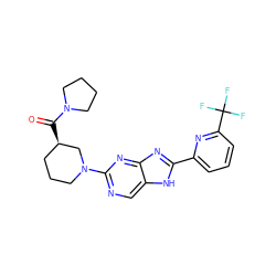 O=C([C@@H]1CCCN(c2ncc3[nH]c(-c4cccc(C(F)(F)F)n4)nc3n2)C1)N1CCCC1 ZINC000221410557