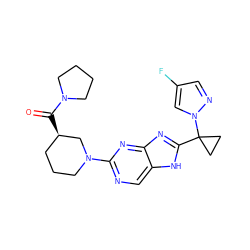 O=C([C@@H]1CCCN(c2ncc3[nH]c(C4(n5cc(F)cn5)CC4)nc3n2)C1)N1CCCC1 ZINC000205304378